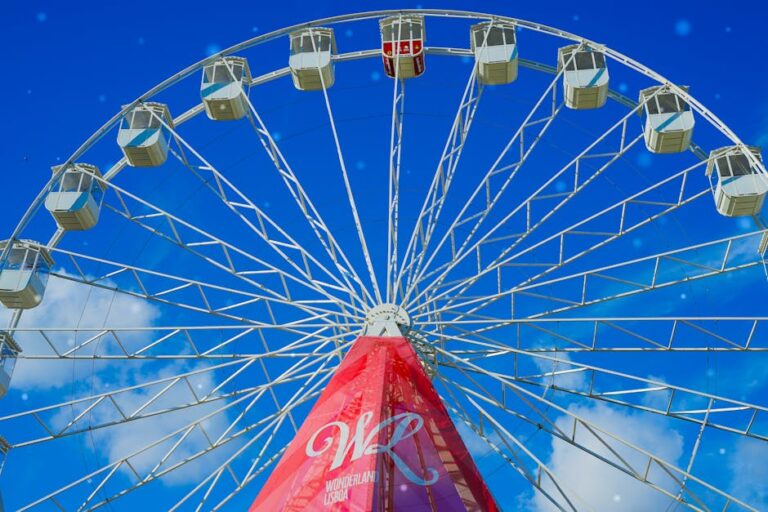 A vibrant Ferris wheel at Wonderland Lisboa under a clear blue sky.