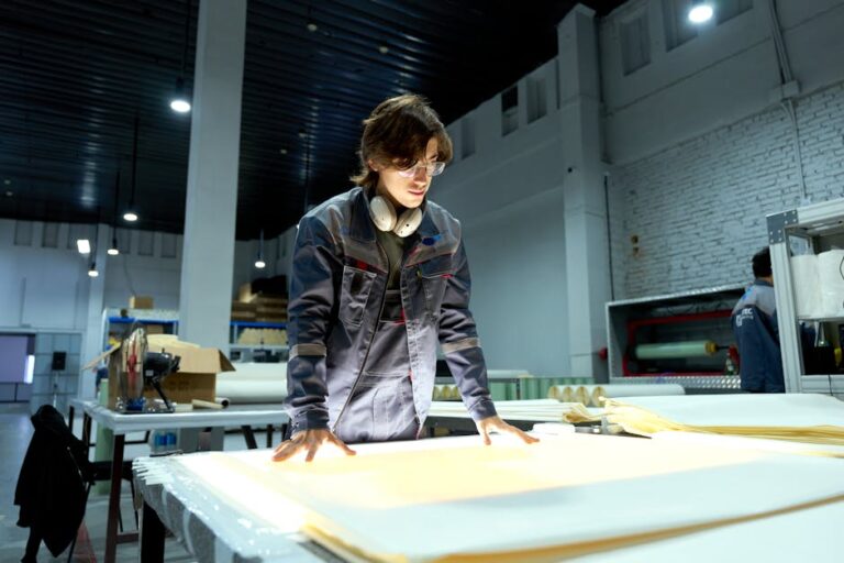 Industrial worker analyzing designs under a bright light in a modern factory environment.