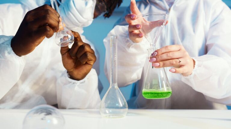 Two scientists working with chemicals in a lab, focusing on experimentation and analysis.